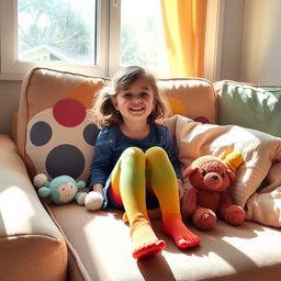 A cozy living room scene featuring a little girl sitting on a couch, wearing colorful pantyhose