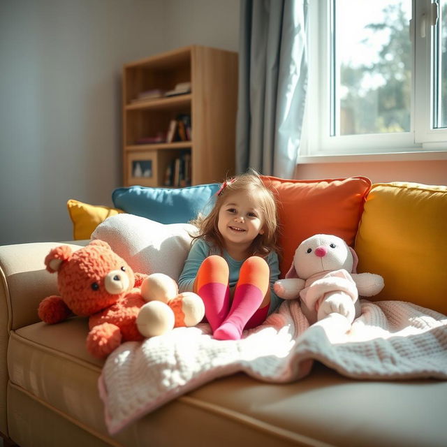 A cozy living room scene featuring a little girl sitting on a couch, wearing colorful pantyhose