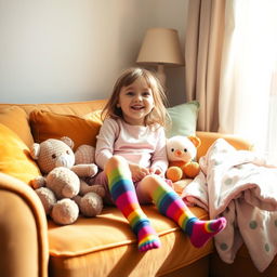 A cozy living room scene featuring a little girl sitting on a couch, wearing colorful pantyhose