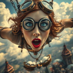 A breathtaking steampunk woman with striking blue eyes and vivid red lips, wearing intricate steampunk attire, including goggles and ornate mechanical accessories