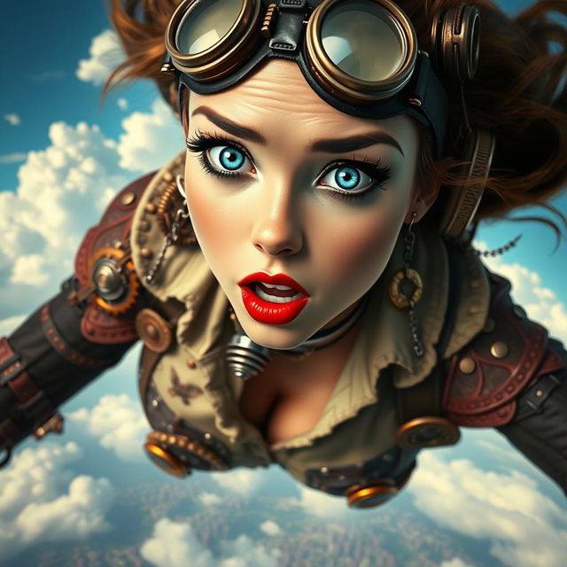 A breathtaking steampunk woman with striking blue eyes and vivid red lips, wearing intricate steampunk attire, including goggles and ornate mechanical accessories