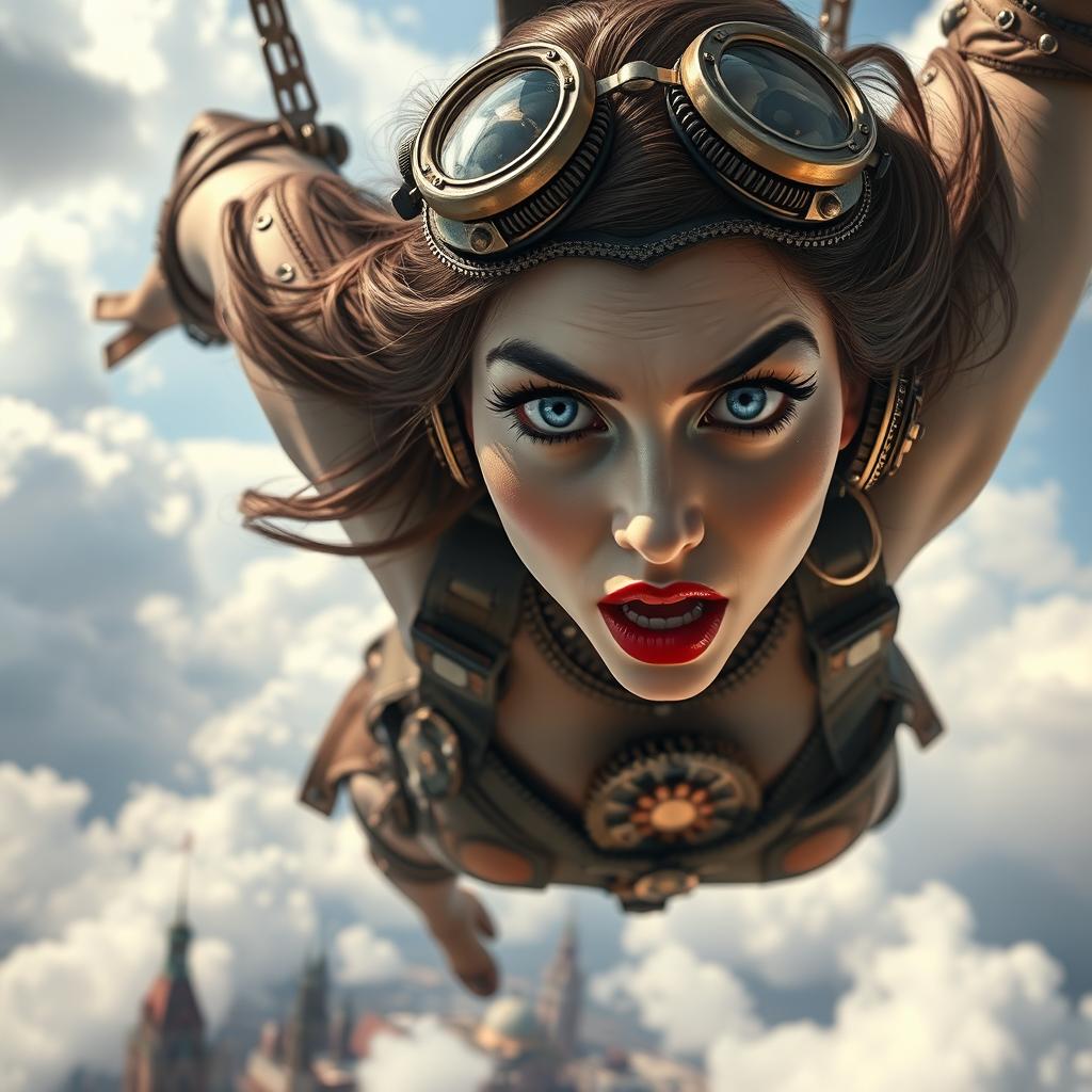 A breathtaking steampunk woman with striking blue eyes and vivid red lips, wearing intricate steampunk attire, including goggles and ornate mechanical accessories