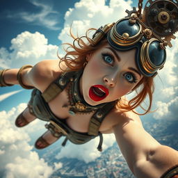 A breathtaking steampunk woman with striking blue eyes and vivid red lips, wearing intricate steampunk attire, including goggles and ornate mechanical accessories