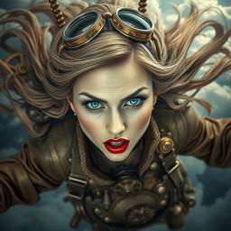 A stunning steampunk lady with striking blue eyes and vibrant red lips, her expression filled with fear as she falls from the sky amidst a backdrop of intricate gears and clouds