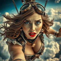 A stunning steampunk lady with striking blue eyes and vibrant red lips, her expression filled with fear as she falls from the sky amidst a backdrop of intricate gears and clouds