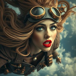 A stunning steampunk lady with striking blue eyes and vibrant red lips, her expression filled with fear as she falls from the sky amidst a backdrop of intricate gears and clouds