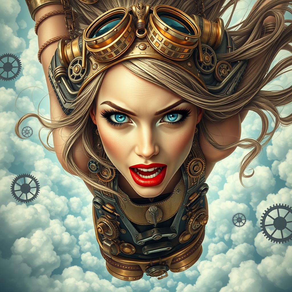 A stunning steampunk lady with striking blue eyes and vibrant red lips, her expression filled with fear as she falls from the sky amidst a backdrop of intricate gears and clouds