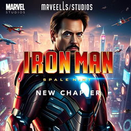 An exhilarating movie poster for "IRON MAN 4: New Chapter" produced by Marvel Studios