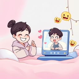 A charming cartoon anime scene depicting a long-distance couple video chatting via Skype