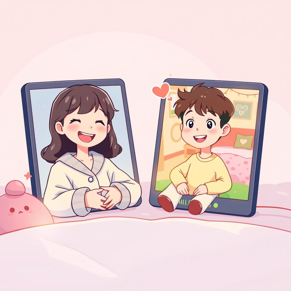 A charming cartoon anime scene depicting a long-distance couple video chatting via Skype