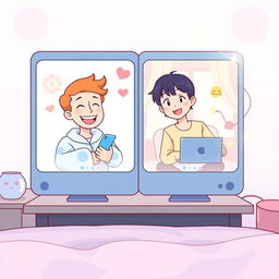 A charming cartoon anime scene depicting a long-distance couple video chatting via Skype