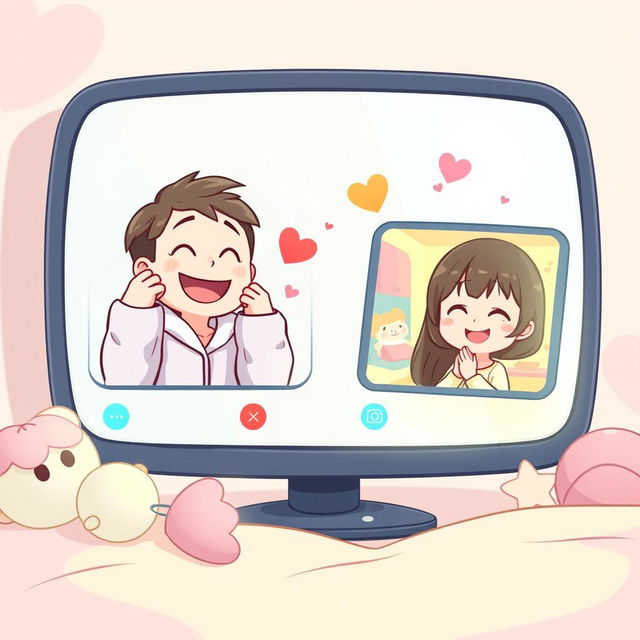 A charming cartoon anime scene depicting a long-distance couple video chatting via Skype