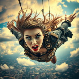 A beautiful steampunk lady with striking blue eyes and vivid red lips, dressed in intricate steampunk attire featuring gears and metallic elements, falling from the sky