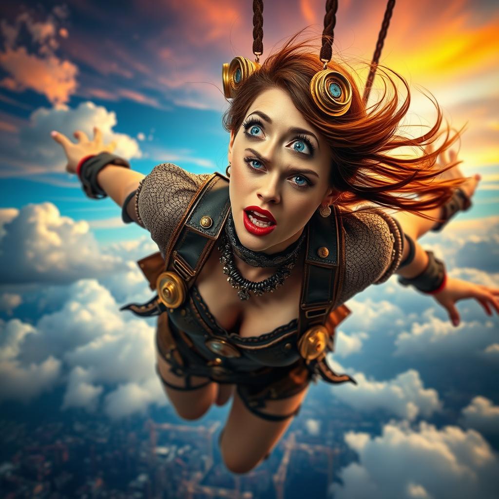 A beautiful steampunk lady with striking blue eyes and vivid red lips, dressed in intricate steampunk attire featuring gears and metallic elements, falling from the sky