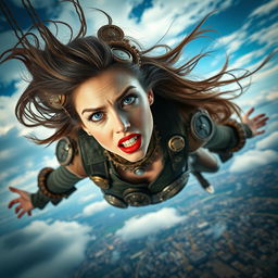 A beautiful steampunk lady with striking blue eyes and vivid red lips, dressed in intricate steampunk attire featuring gears and metallic elements, falling from the sky