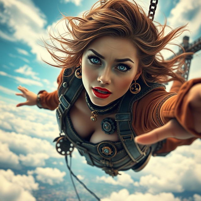 A beautiful steampunk lady with striking blue eyes and vivid red lips, dressed in intricate steampunk attire featuring gears and metallic elements, falling from the sky