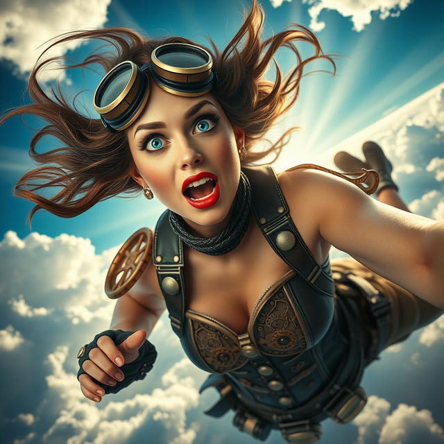 A striking steampunk lady with vibrant blue eyes and luscious red lips, depicted as she gracefully falls from the sky