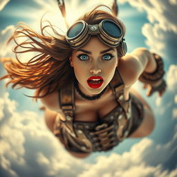 A striking steampunk lady with vibrant blue eyes and luscious red lips, depicted as she gracefully falls from the sky