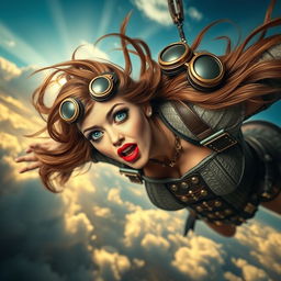 A striking steampunk lady with vibrant blue eyes and luscious red lips, depicted as she gracefully falls from the sky