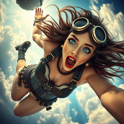 A striking steampunk lady with vibrant blue eyes and luscious red lips, depicted as she gracefully falls from the sky