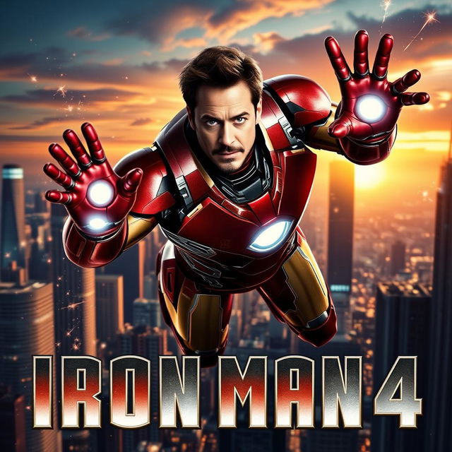 An exciting movie poster for "IRON MAN 4", featuring Robert Downey Jr