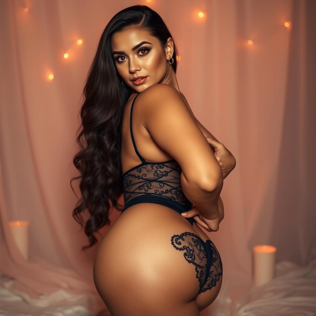 A sultry and confident woman posing in alluring lingerie, showcasing her voluptuous curves with an emphasis on her big breasts and voluptuous backside