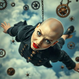 A beautiful bald lady with striking blue eyes and bold red lips, plummeting through a cloudy sky