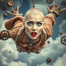 A beautiful bald lady with striking blue eyes and bold red lips, plummeting through a cloudy sky