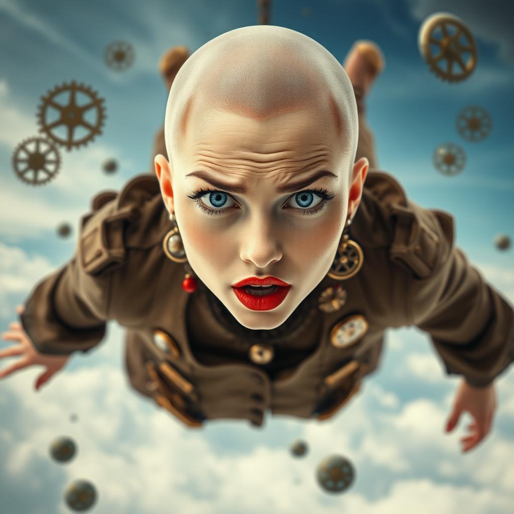 A beautiful bald lady with striking blue eyes and bold red lips, plummeting through a cloudy sky