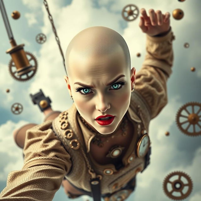 A beautiful bald lady with striking blue eyes and bold red lips, plummeting through a cloudy sky