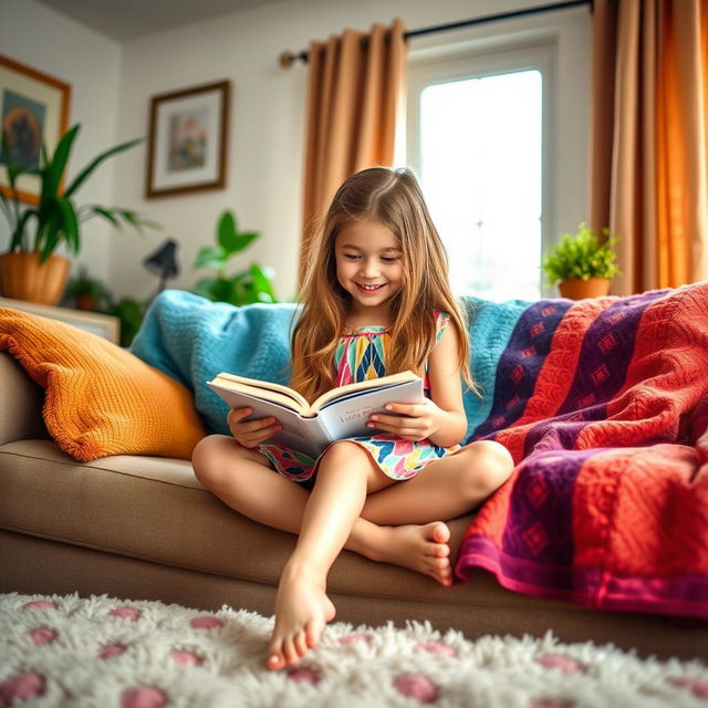 A cozy living room scene featuring a young girl with long flowing hair, wearing a colorful dress, sitting cross-legged on a plush couch with a vibrant throw blanket