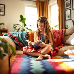 A cozy living room scene featuring a young girl with long flowing hair, wearing a colorful dress, sitting cross-legged on a plush couch with a vibrant throw blanket