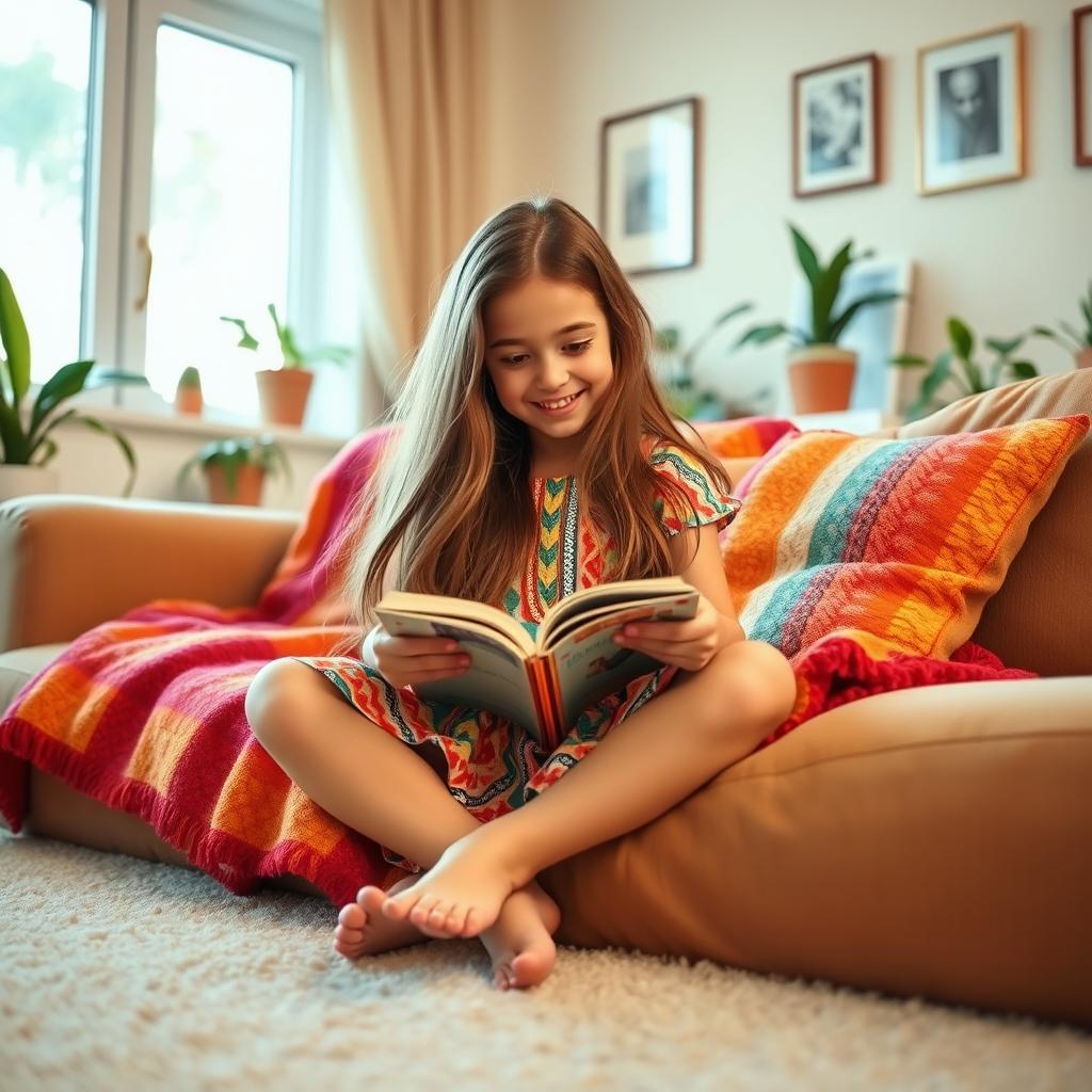 A cozy living room scene featuring a young girl with long flowing hair, wearing a colorful dress, sitting cross-legged on a plush couch with a vibrant throw blanket