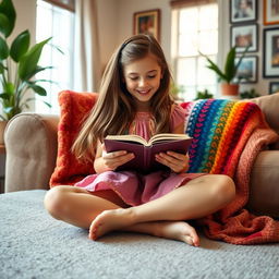 A cozy living room scene featuring a young girl with long flowing hair, wearing a colorful dress, sitting cross-legged on a plush couch with a vibrant throw blanket
