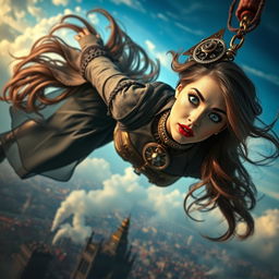 A beautiful steampunk lady with striking blue eyes and bold red lips, elegantly dressed in intricate steampunk attire featuring gears and clockwork details