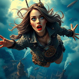 A beautiful steampunk lady with striking blue eyes and bold red lips, elegantly dressed in intricate steampunk attire featuring gears and clockwork details