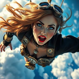 A beautiful steampunk lady with striking blue eyes and vivid red lips, elegantly dressed in intricate steampunk fashion including gears and goggles, plummeting from the sky with a terrified expression on her face