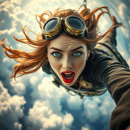 A beautiful steampunk lady with striking blue eyes and vivid red lips, elegantly dressed in intricate steampunk fashion including gears and goggles, plummeting from the sky with a terrified expression on her face