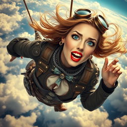A beautiful steampunk lady with striking blue eyes and vivid red lips, elegantly dressed in intricate steampunk fashion including gears and goggles, plummeting from the sky with a terrified expression on her face