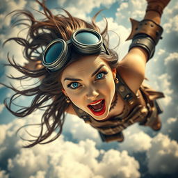 A beautiful steampunk lady with striking blue eyes and vivid red lips, elegantly dressed in intricate steampunk fashion including gears and goggles, plummeting from the sky with a terrified expression on her face