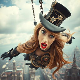A beautiful steampunk lady with striking blue eyes and vibrant red lips, experiencing a free-fall from the sky