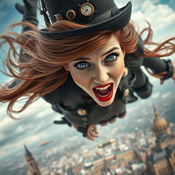 A beautiful steampunk lady with striking blue eyes and vibrant red lips, experiencing a free-fall from the sky