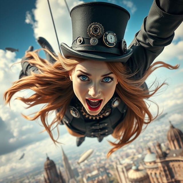 A beautiful steampunk lady with striking blue eyes and vibrant red lips, experiencing a free-fall from the sky