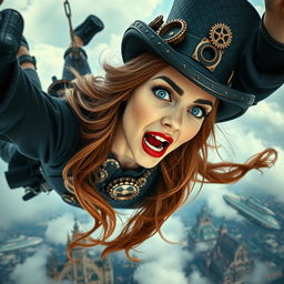 A beautiful steampunk lady with striking blue eyes and vibrant red lips, experiencing a free-fall from the sky