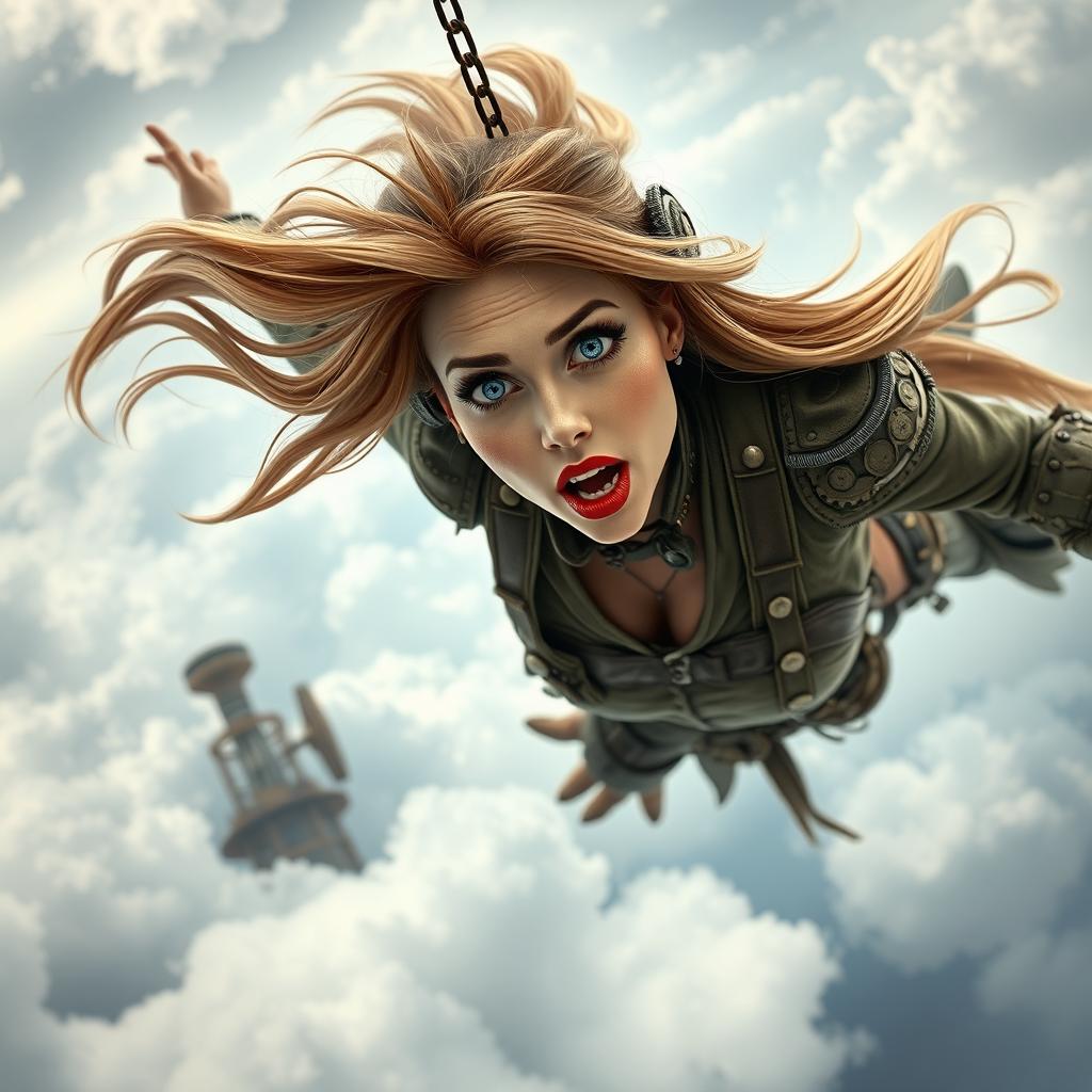 A beautiful steampunk lady with striking blue eyes and vibrant red lips, falling from the sky