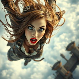A beautiful steampunk lady with striking blue eyes and vibrant red lips, falling from the sky