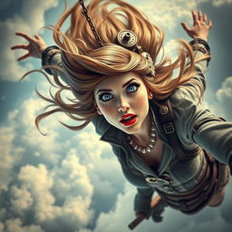 A beautiful steampunk lady with striking blue eyes and vibrant red lips, falling from the sky