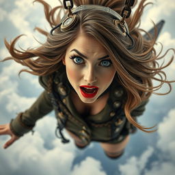 A beautiful steampunk lady with striking blue eyes and vibrant red lips, falling from the sky