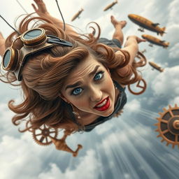 A beautiful steampunk lady with striking blue eyes and vibrant red lips, gracefully falling from the sky
