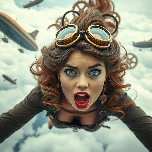 A beautiful steampunk lady with striking blue eyes and vibrant red lips, gracefully falling from the sky